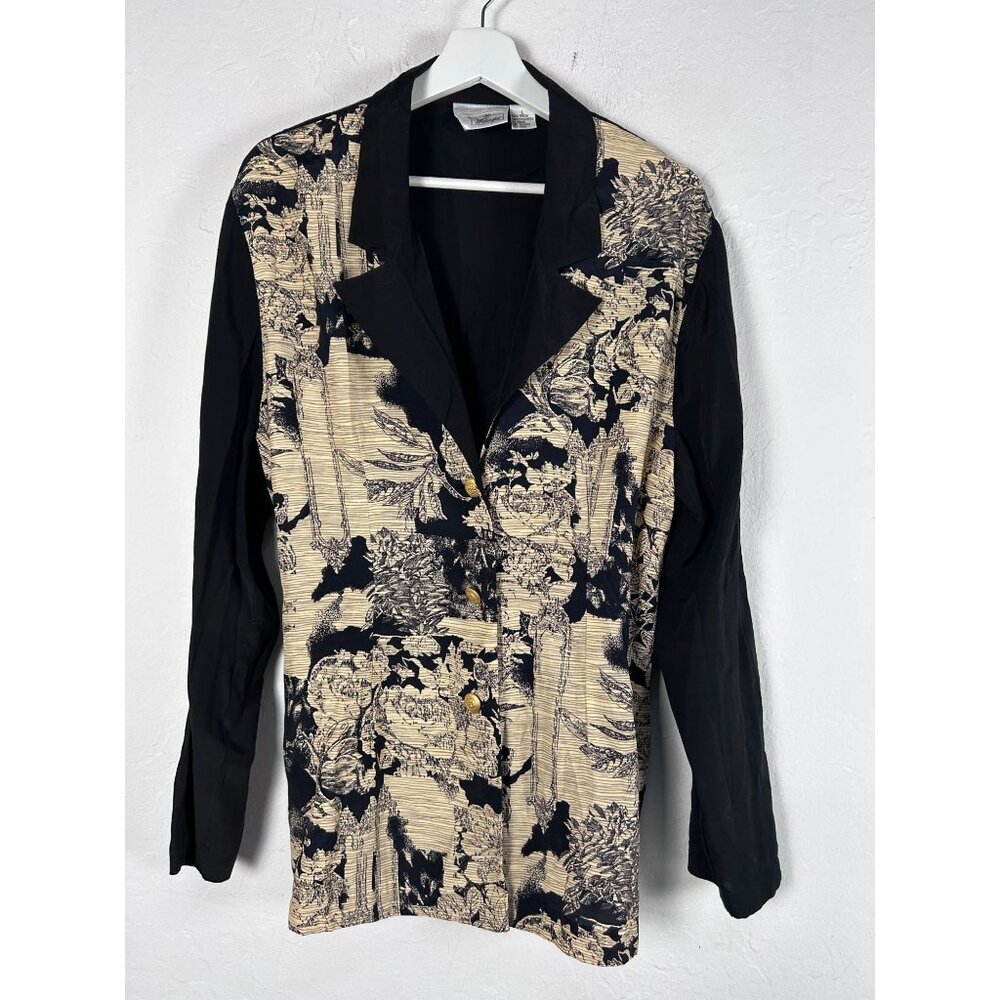 Vintage Options Worthington Womens Floral Blazer Jacket Large Black Beige Casual